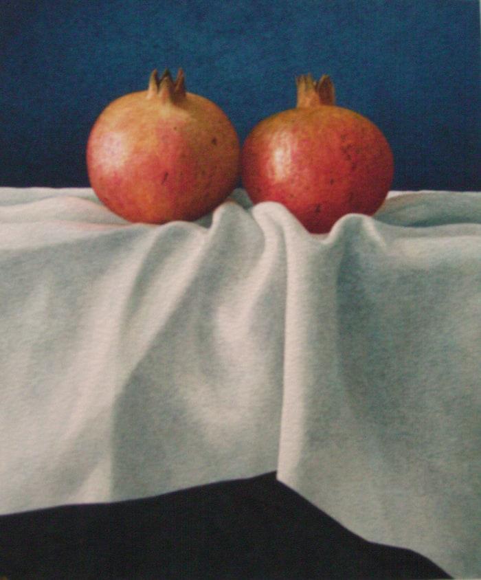 Nigel Ashcroft, Pomegranates on a white cloth