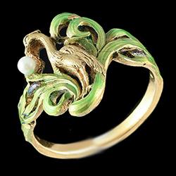 Art Nouveau enamel gold pearl ring