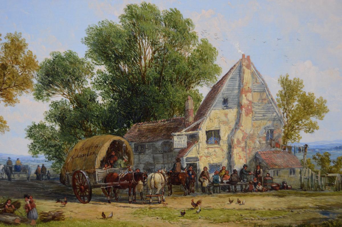 Landscape oil painting of a village tavern by John Holland Snr