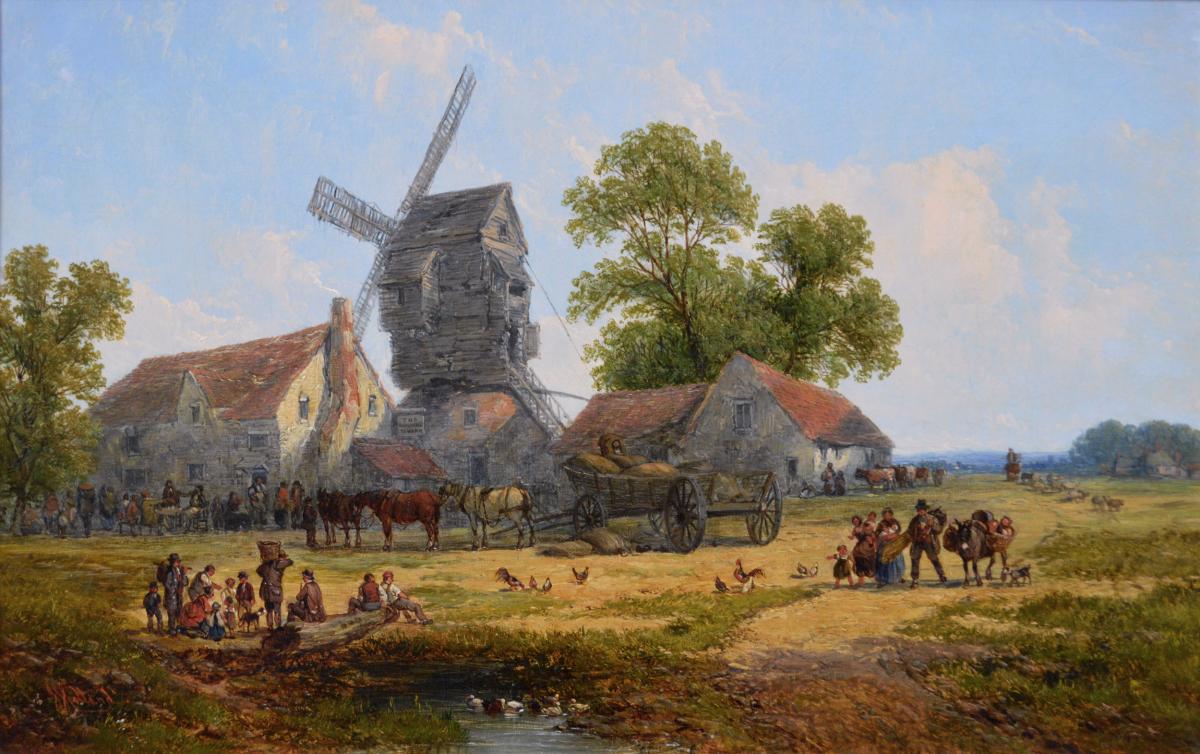 Landscape oil painting of a village tavern with a windmill by John Holland Snr