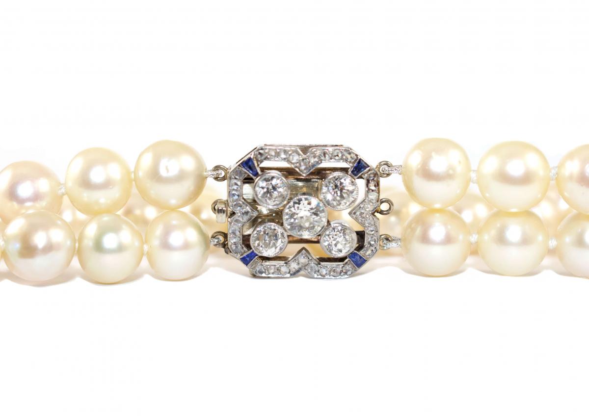 Art Deco Pearl Necklace, Sapphire Diamond Clasp c.1930
