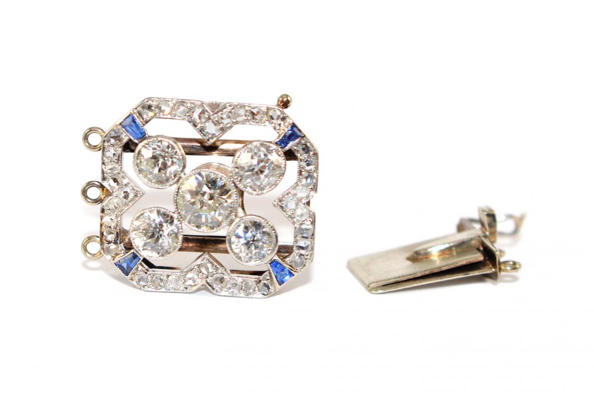 Art Deco Pearl Necklace, Sapphire Diamond Clasp c.1930