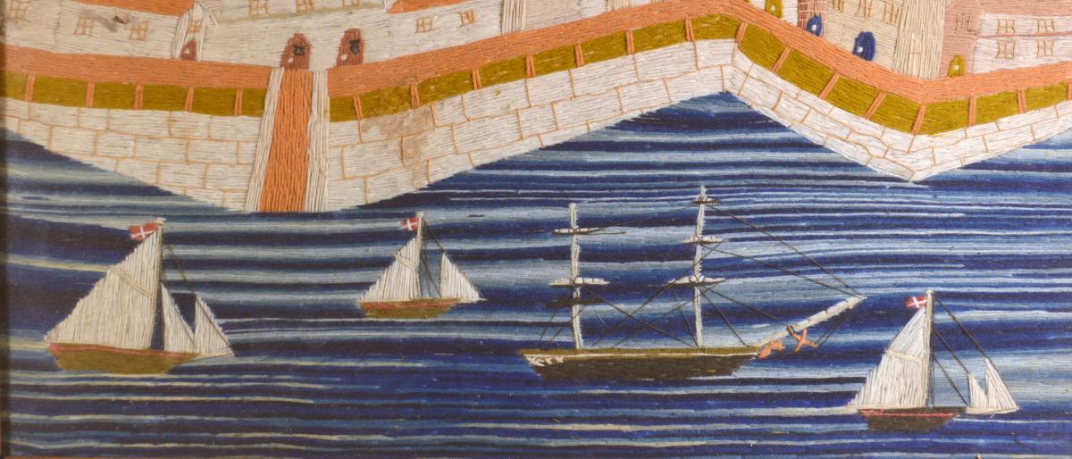 British Sailor's Woolwork Woolie of a Port Scene With Four Ships