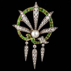 Victorian green garnet, diamond and pearl brooch
