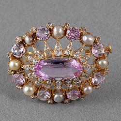 Edwardian pink topaz pearl and diamond brooch