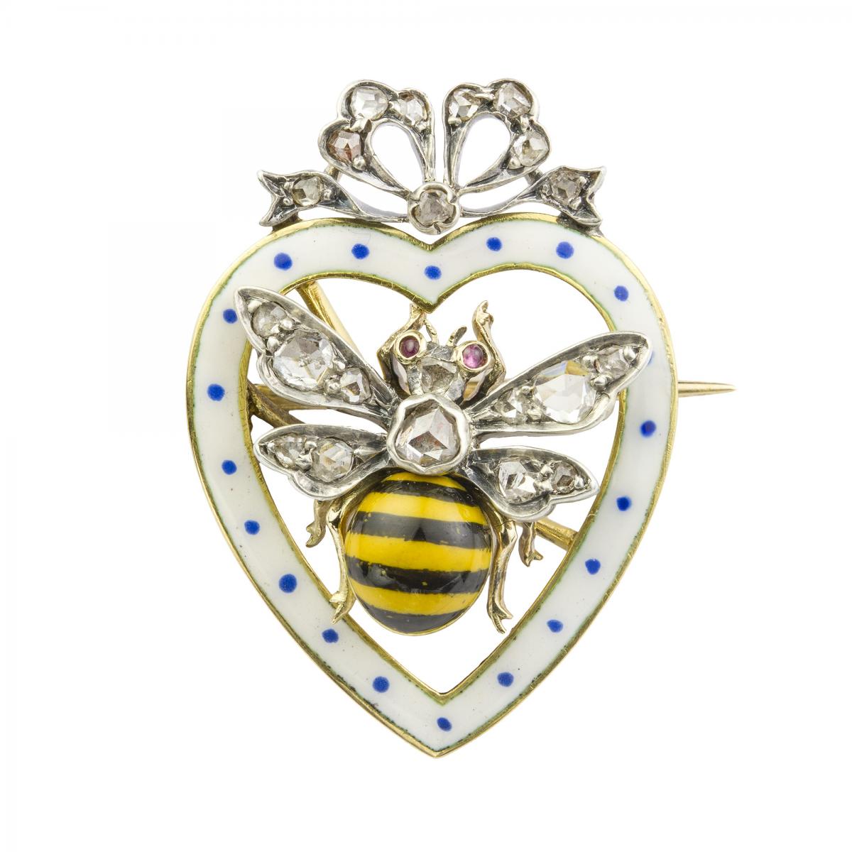 A Late Victorian Enamel and Diamond Bee Brooch, Circa 1890