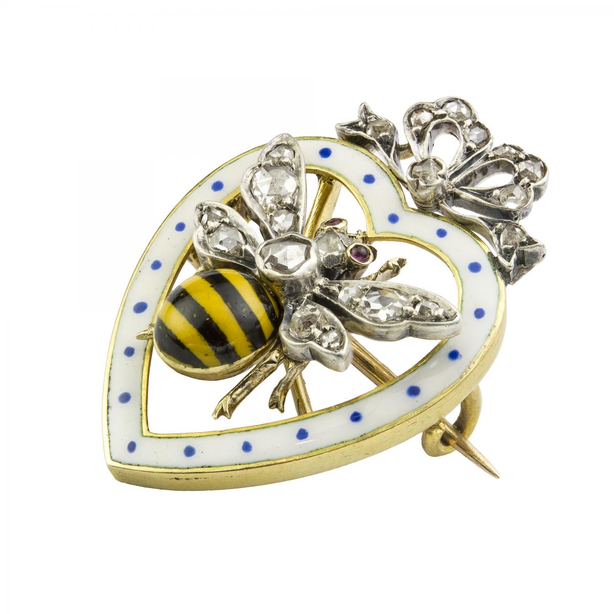 A Late Victorian Enamel and Diamond Bee Brooch, Circa 1890