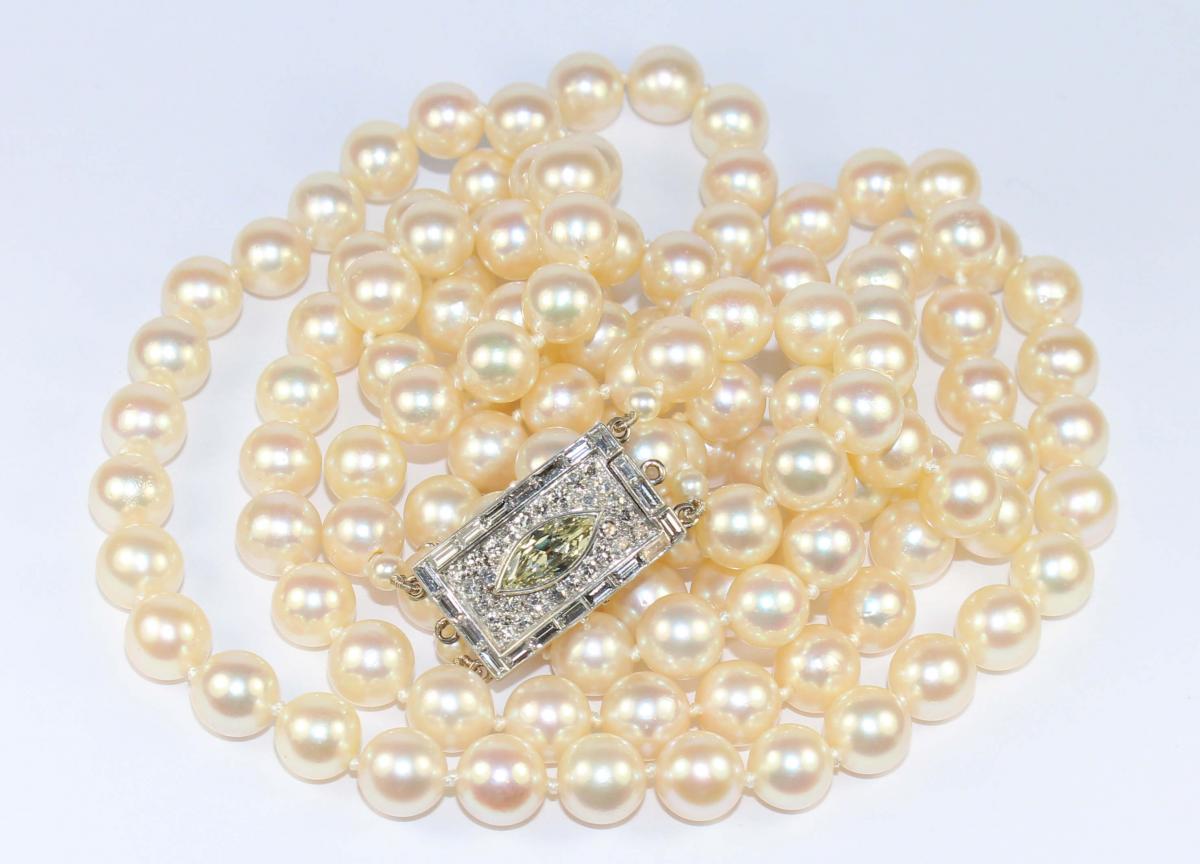 Art Deco Pearl Necklace - Fancy Diamond Clasp c.1940