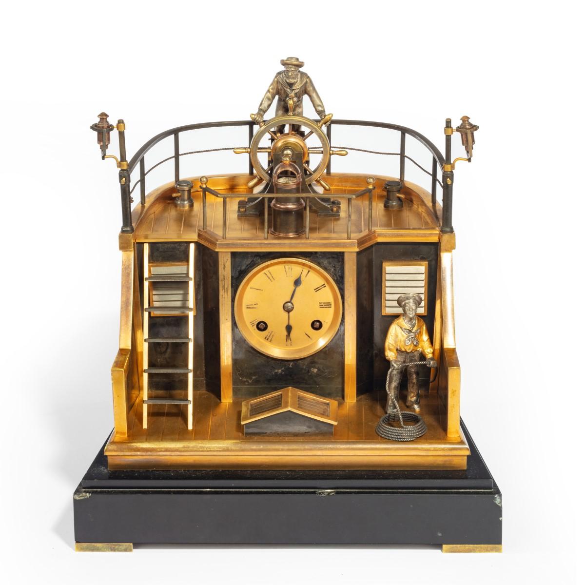 A late 19th century French gilt-brass and steel novelty ‘quarterdeck’ mantel clock by Guilmet, Paris