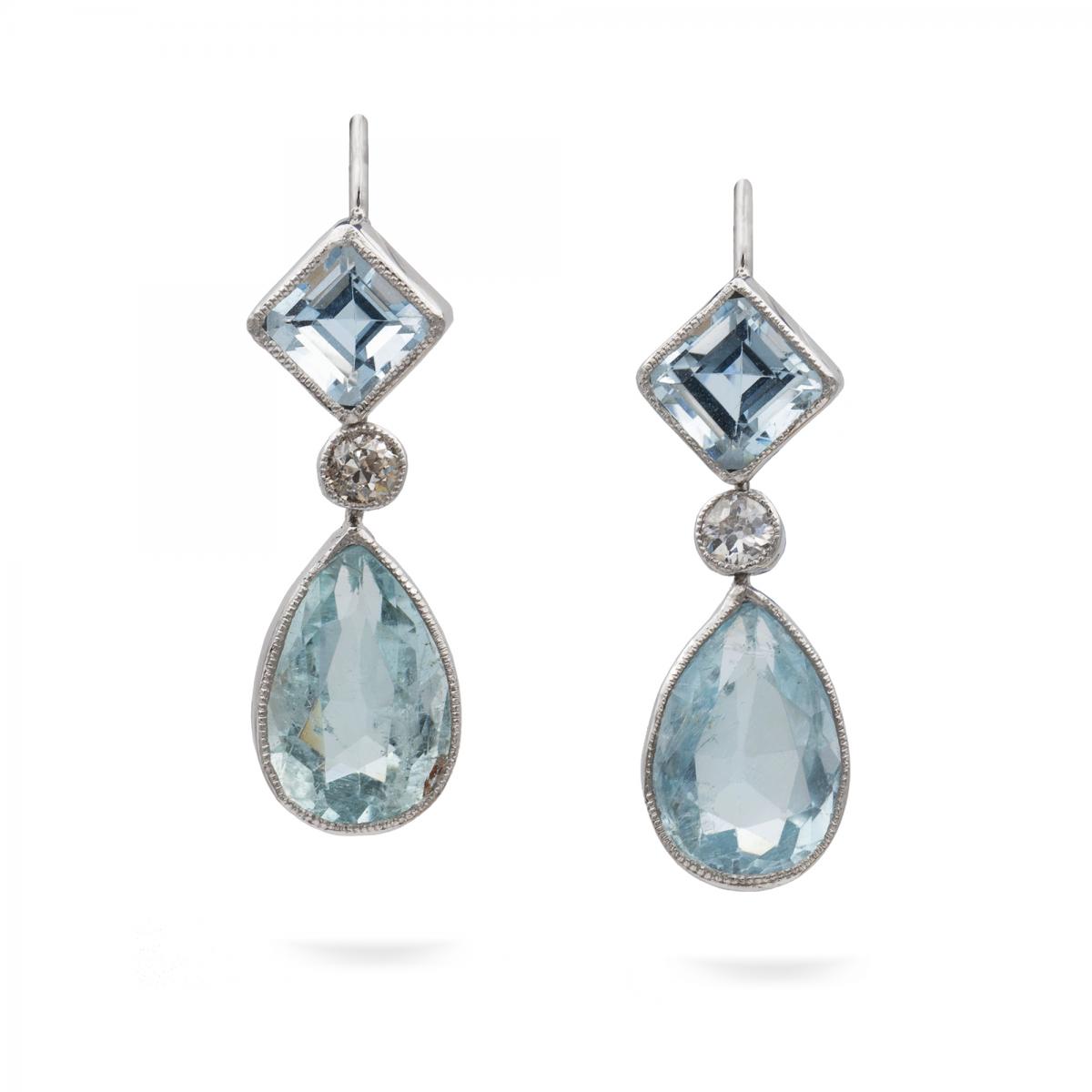 A Pair of Aquamarine and Diamond Drop Earrings, Circa 1930