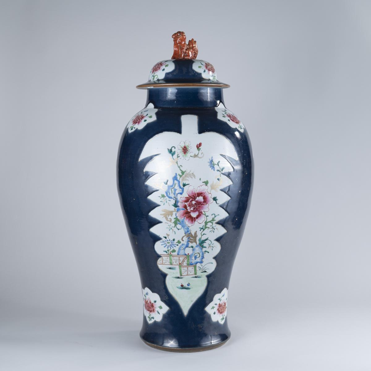 Large 18th Century Chinese Famille Rose Powder-Blue-Ground Baluster Vase