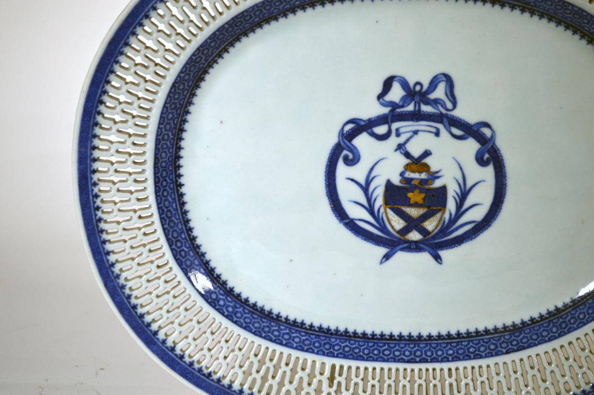Chinese Export Porcelain Large Armorial Blue & White Openwork Dishes,  Arms of Bruce,  Circa 1790