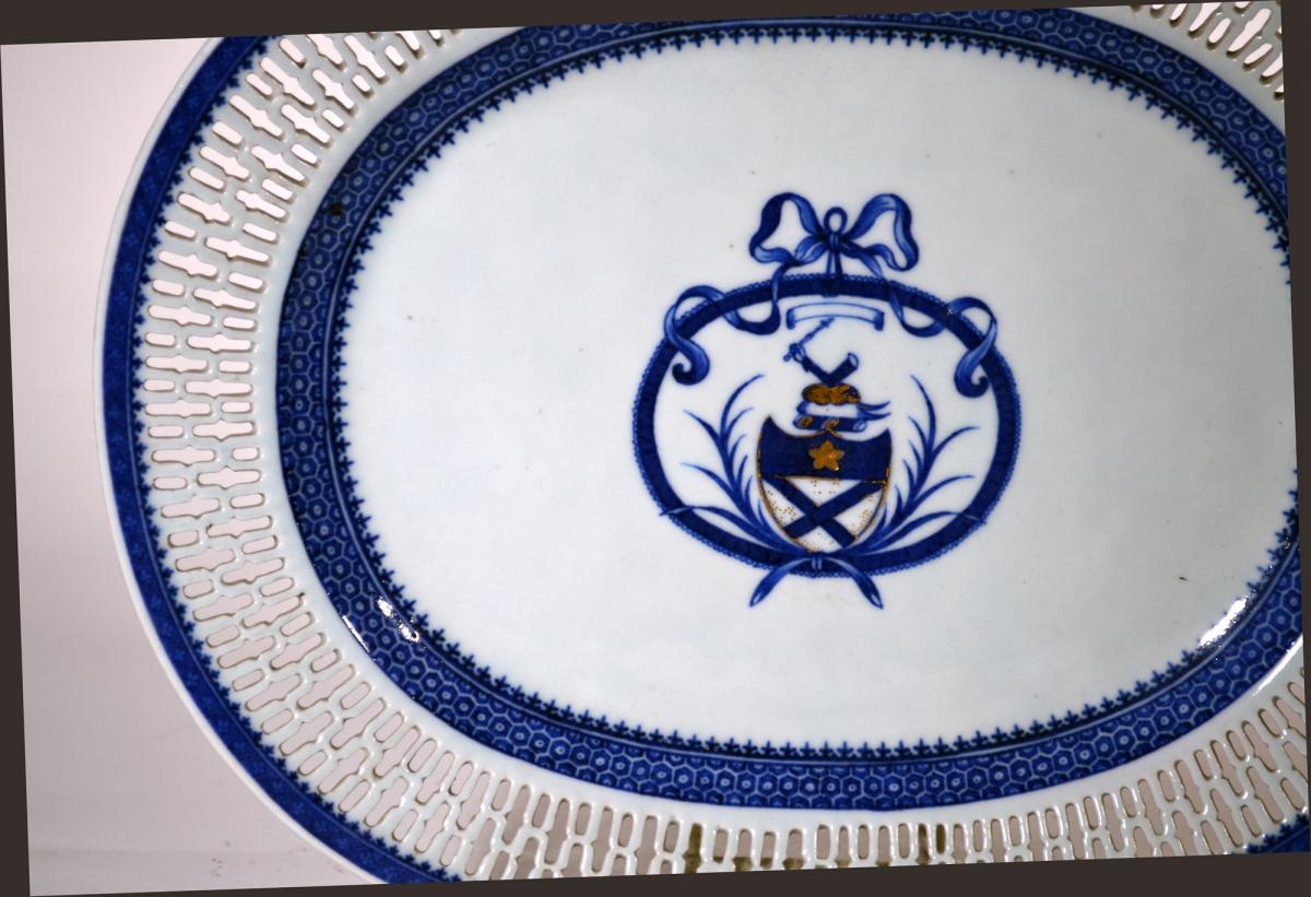 Chinese Export Porcelain Large Armorial Blue & White Openwork Dishes,  Arms of Bruce,  Circa 1790