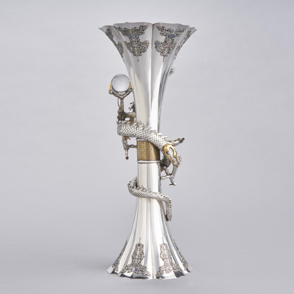 Japanese silver and enamel vase with dragon, signed Bokuryu hokkyo, Oryusai, Ryoshu koku 墨流北居, 桜柳斎, 漁舟刻, Meiji Period.