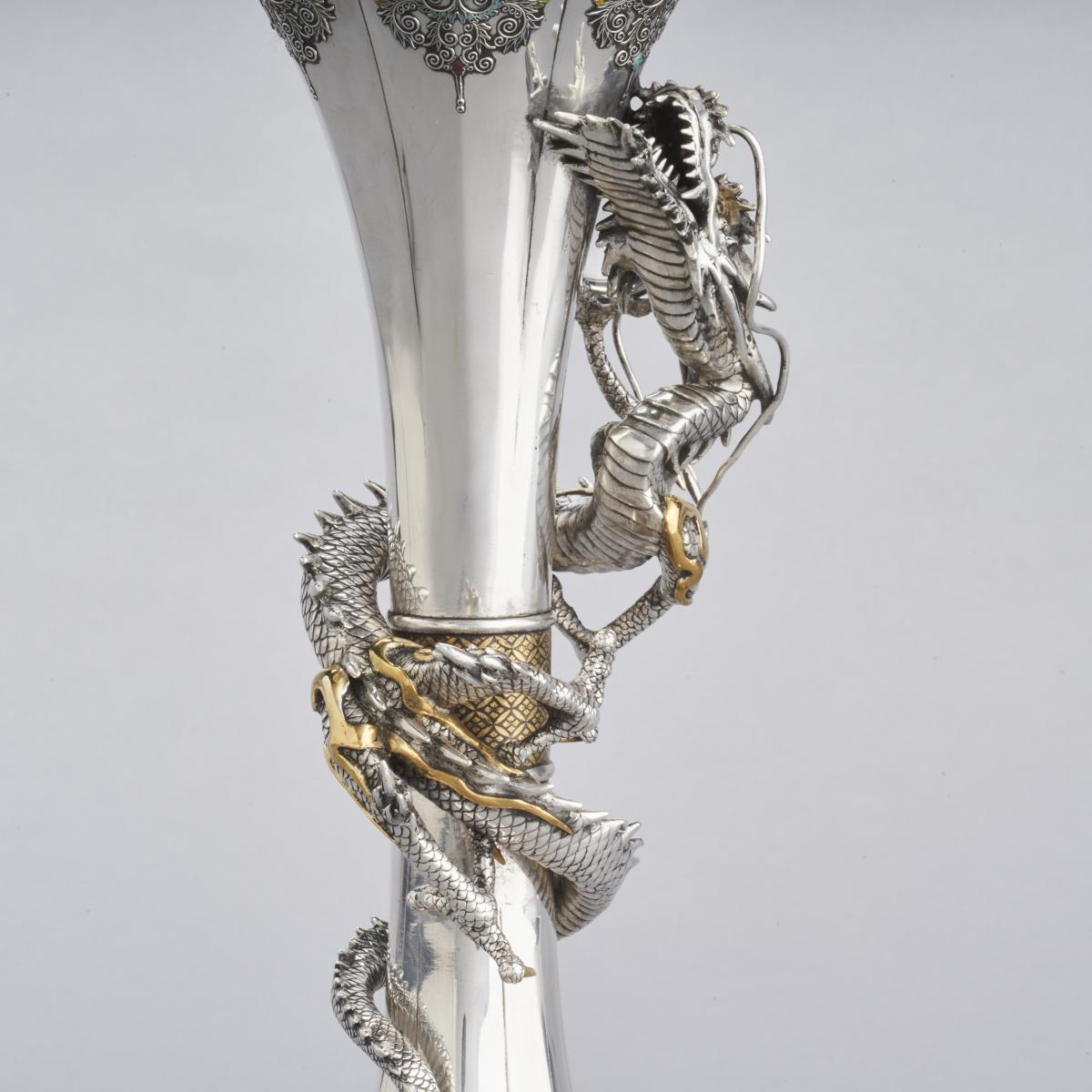 Japanese silver and enamel vase with dragon, signed Bokuryu hokkyo, Oryusai, Ryoshu koku 墨流北居, 桜柳斎, 漁舟刻, Meiji Period.