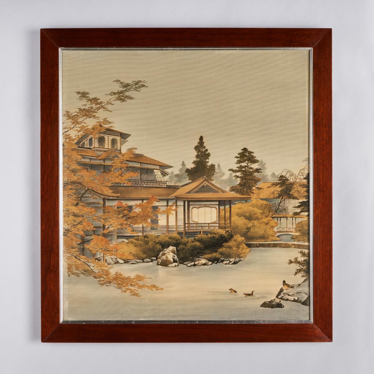 Japanese Yuzen-Birodo cut velvet of a temple, late Meiji Period.