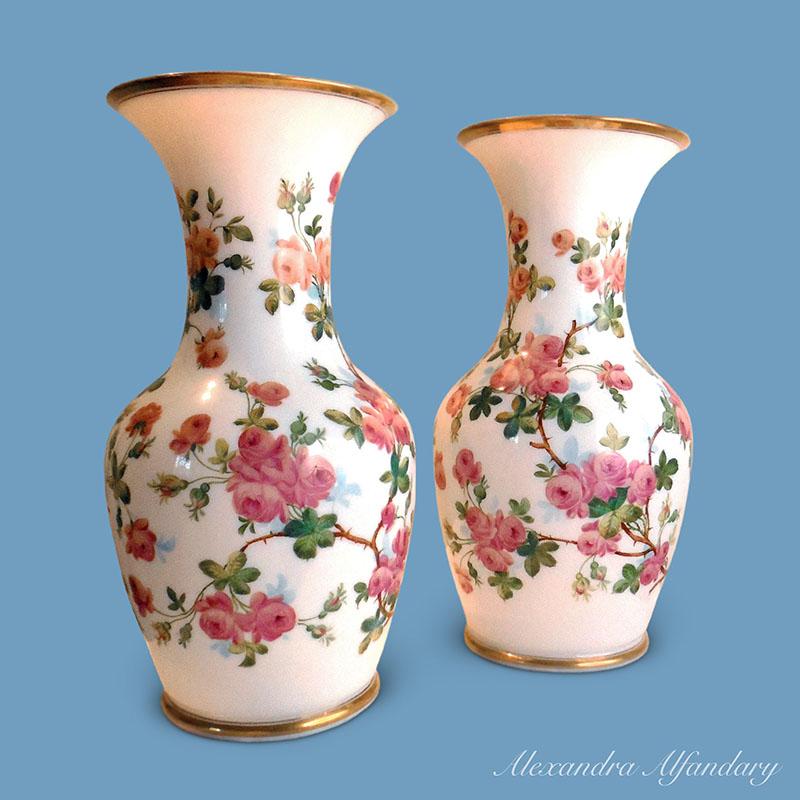 A Pair of French Opaline Vases Decorated with Roses, circa 1900