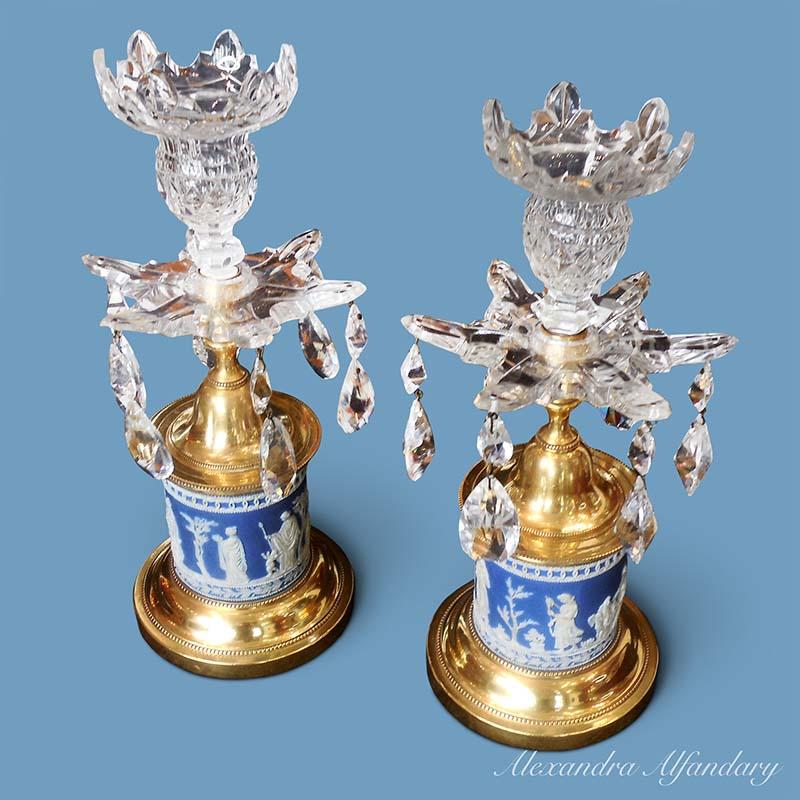 A Pair of Decorative Crystal and Wedgewood Candelabras