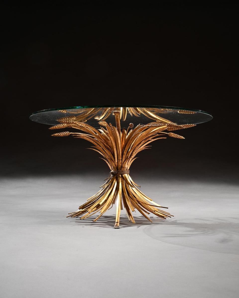 Mid 20th Century Gilt Metal Wheat Sheaf Table With Glass Top