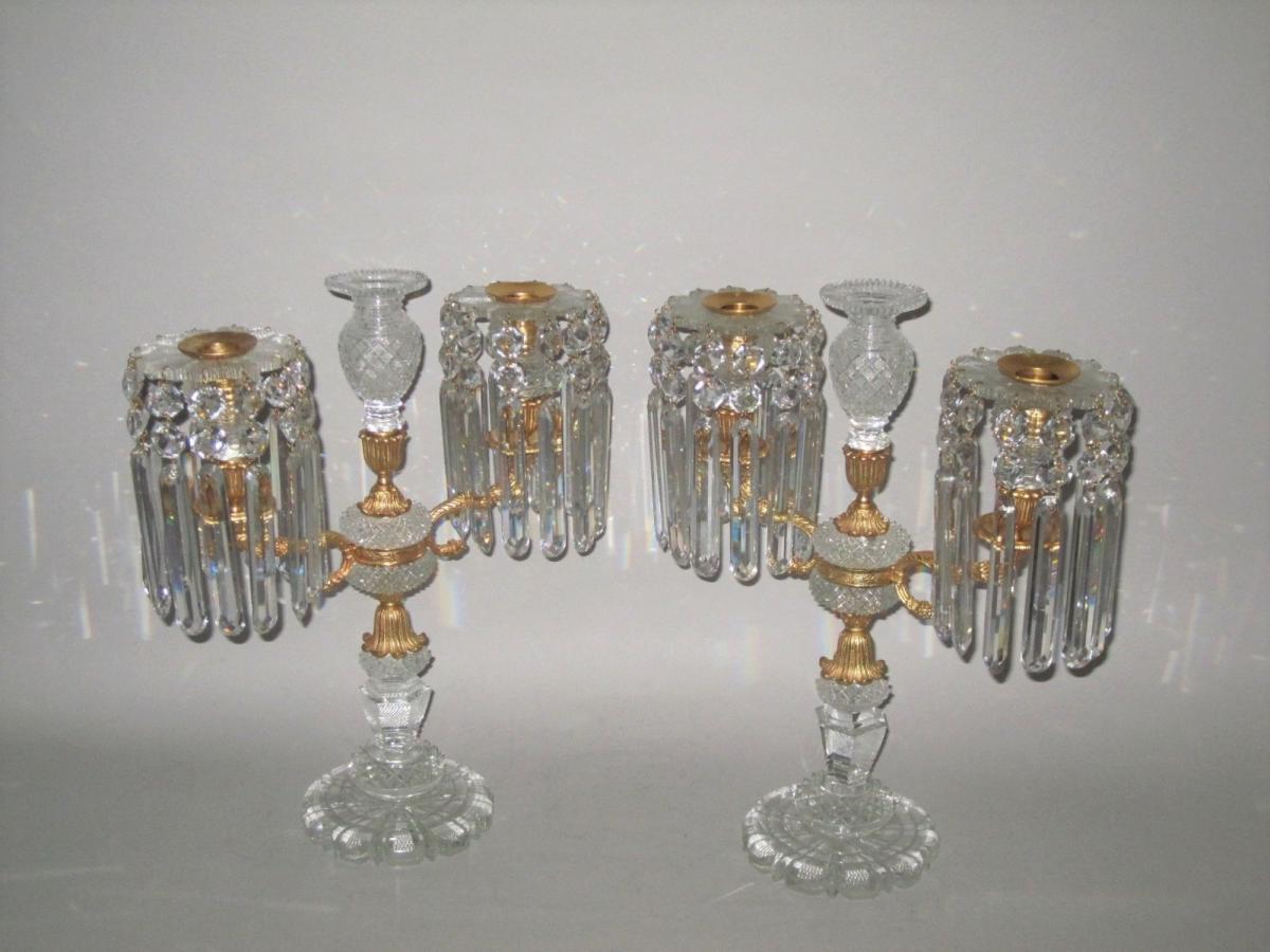 ​A Fine Pair of Regency Period Cut Glass and Ormolu Candelabra, circa 1815