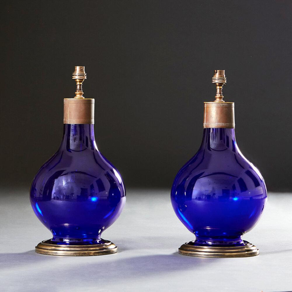 A Pair of Bristol Blue Glass Lamps