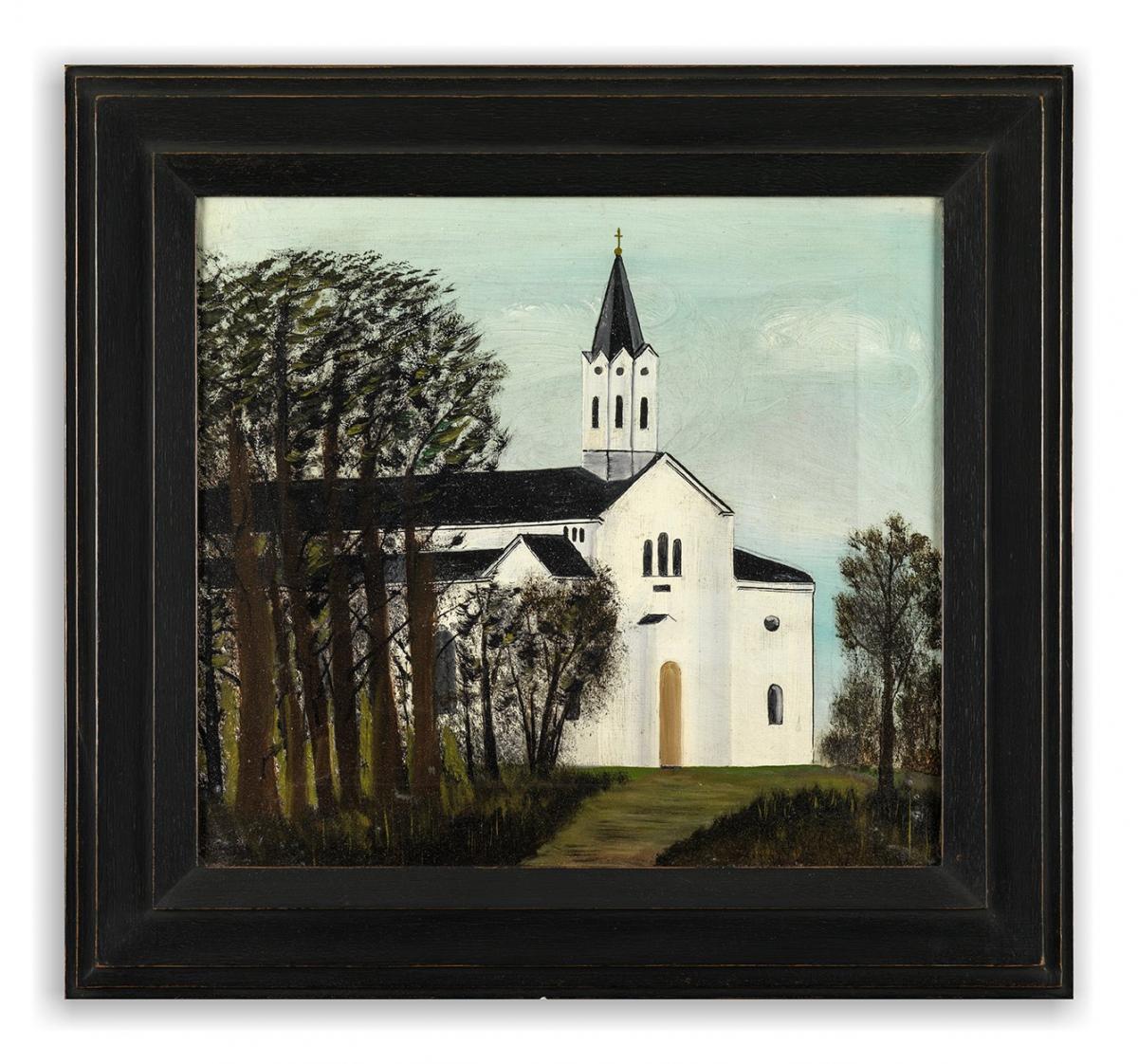 Primitive Painting of a White Church