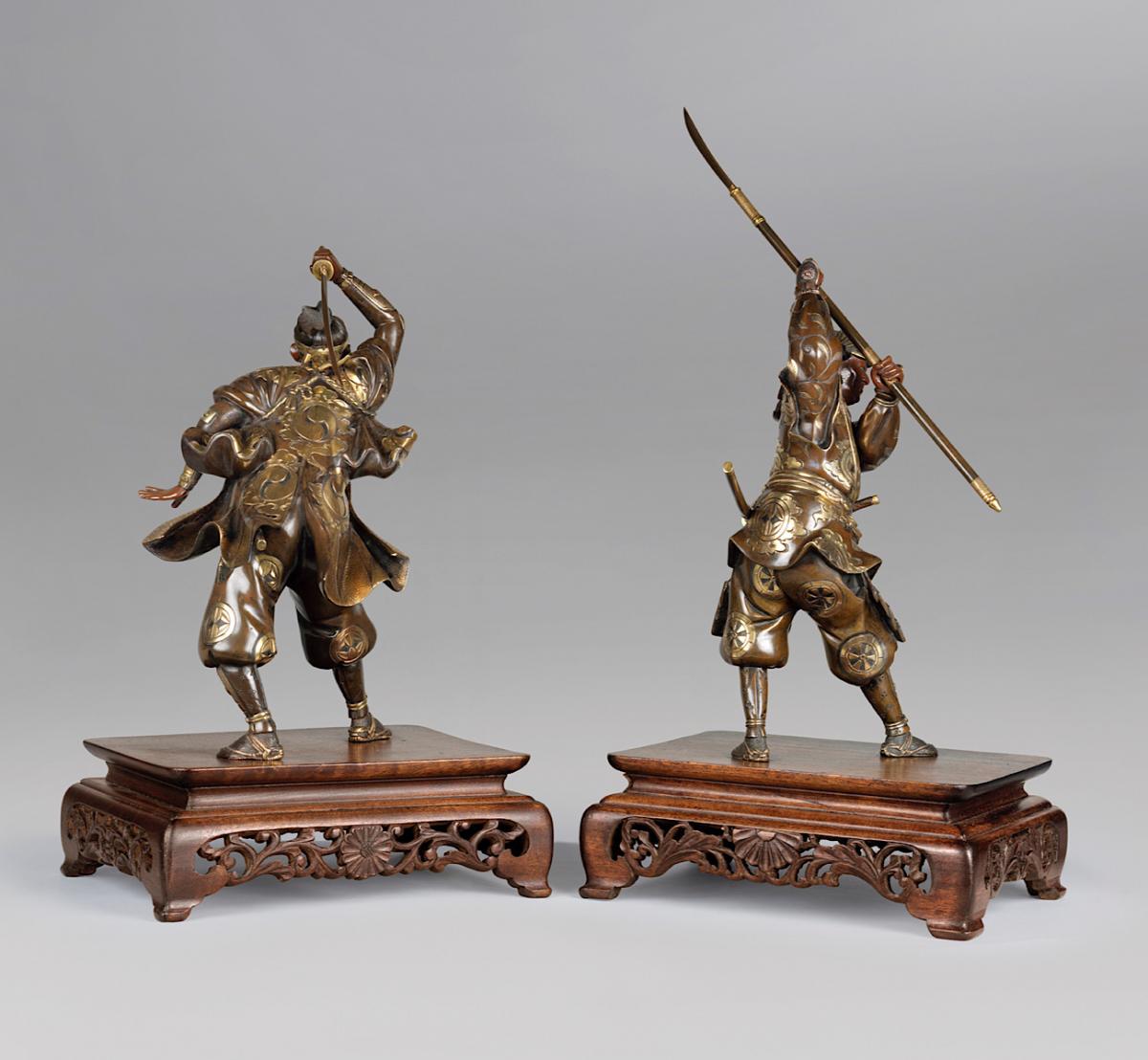 Japanese pair of bronze Samurai warriors signed Yoshimitsu, Meiji Period
