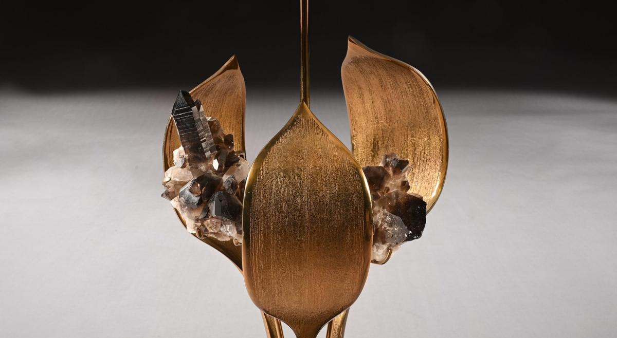 Impressive 1970 Gilt Bronze and Quartz Lamp By Willy Daro