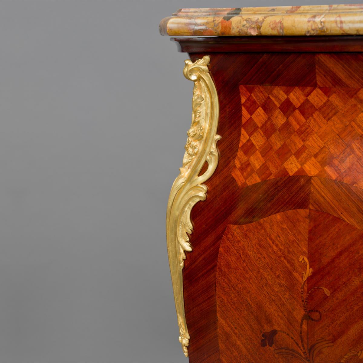 Detail of a Pair of Louis XV Style Marquetry Inlaid Pedestals, Attributed to Maison Millet