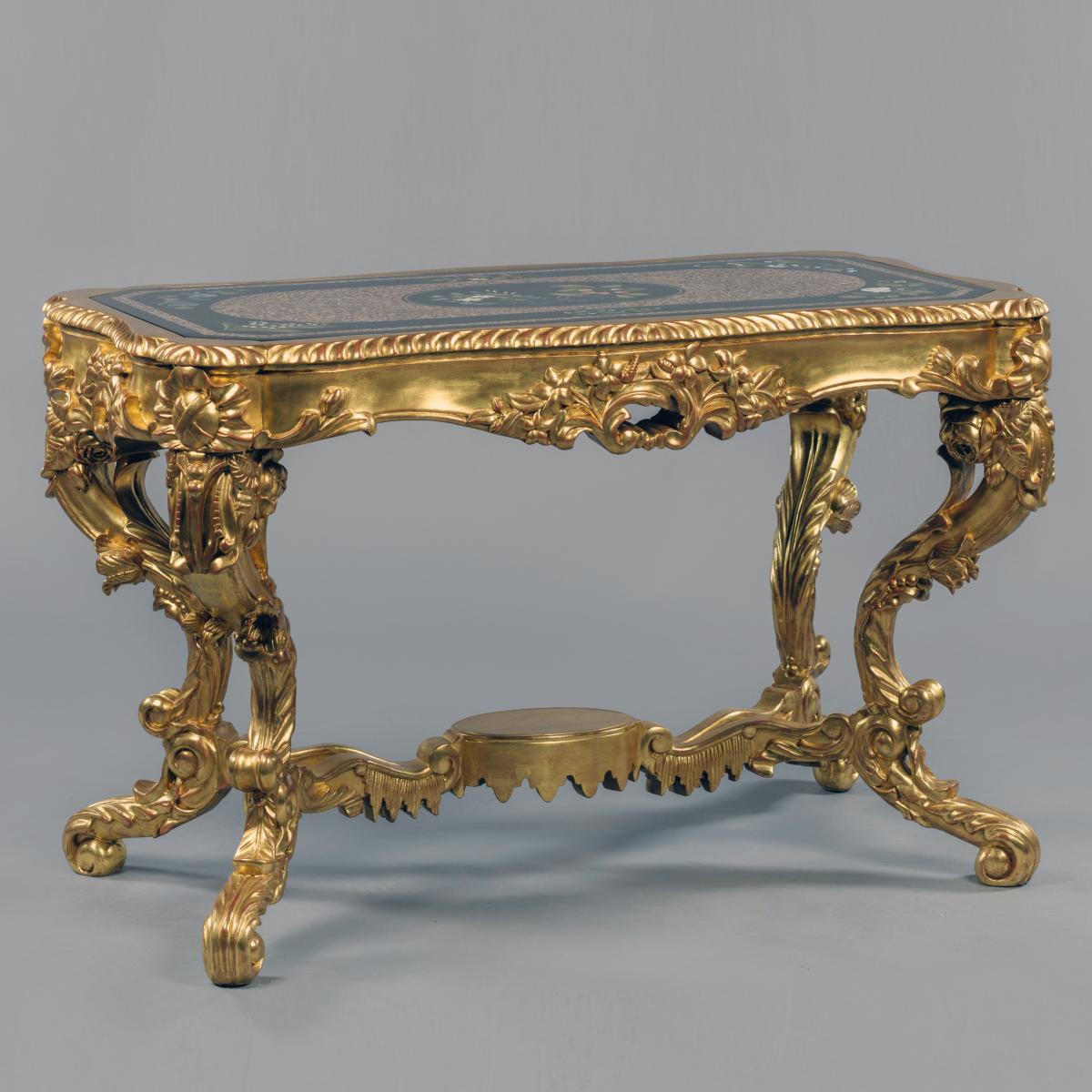 A Carved Giltwood Low Centre Table with A Pietre Dure Marble Top