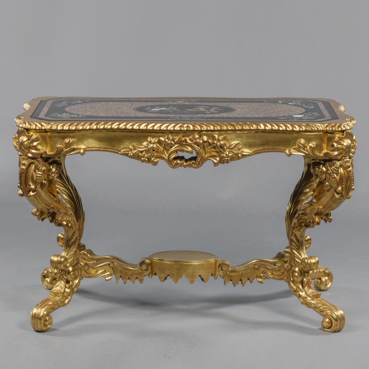 A Carved Giltwood Low Centre Table with A Pietre Dure Marble Top