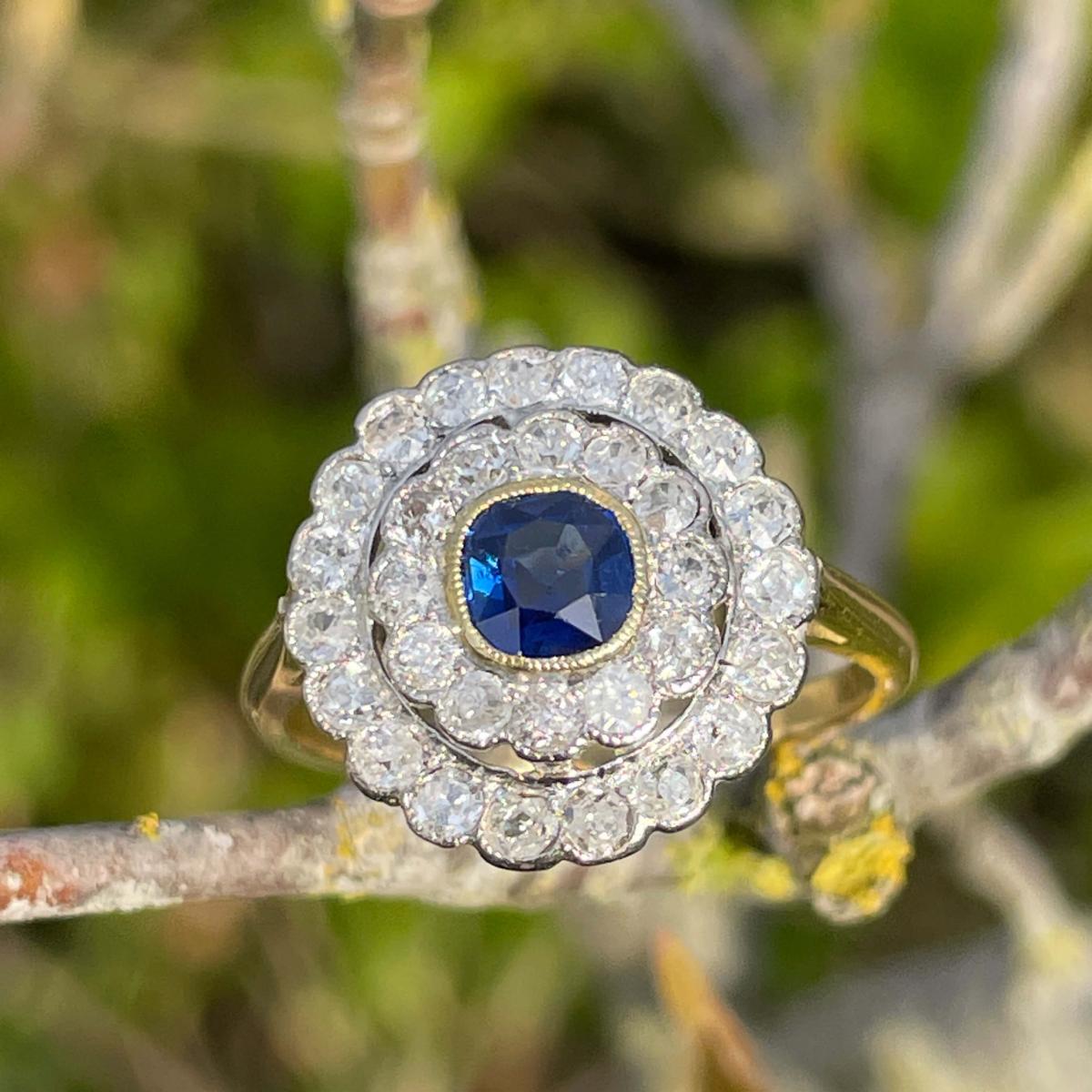 Edwardian Sapphire & Diamond Double Cluster Ring c.1920