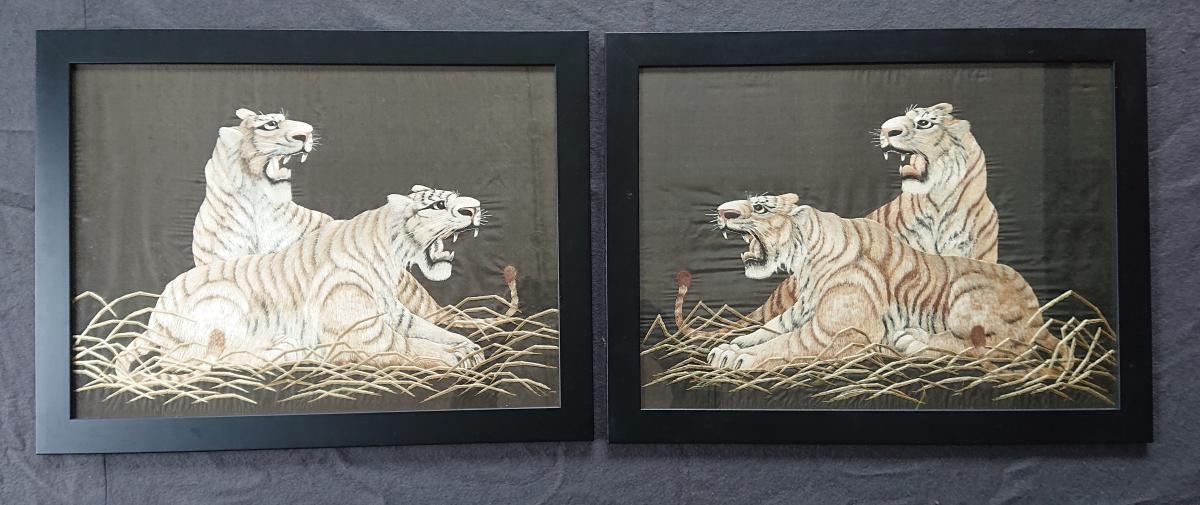 Japanese Meiji silk embroidered tigers