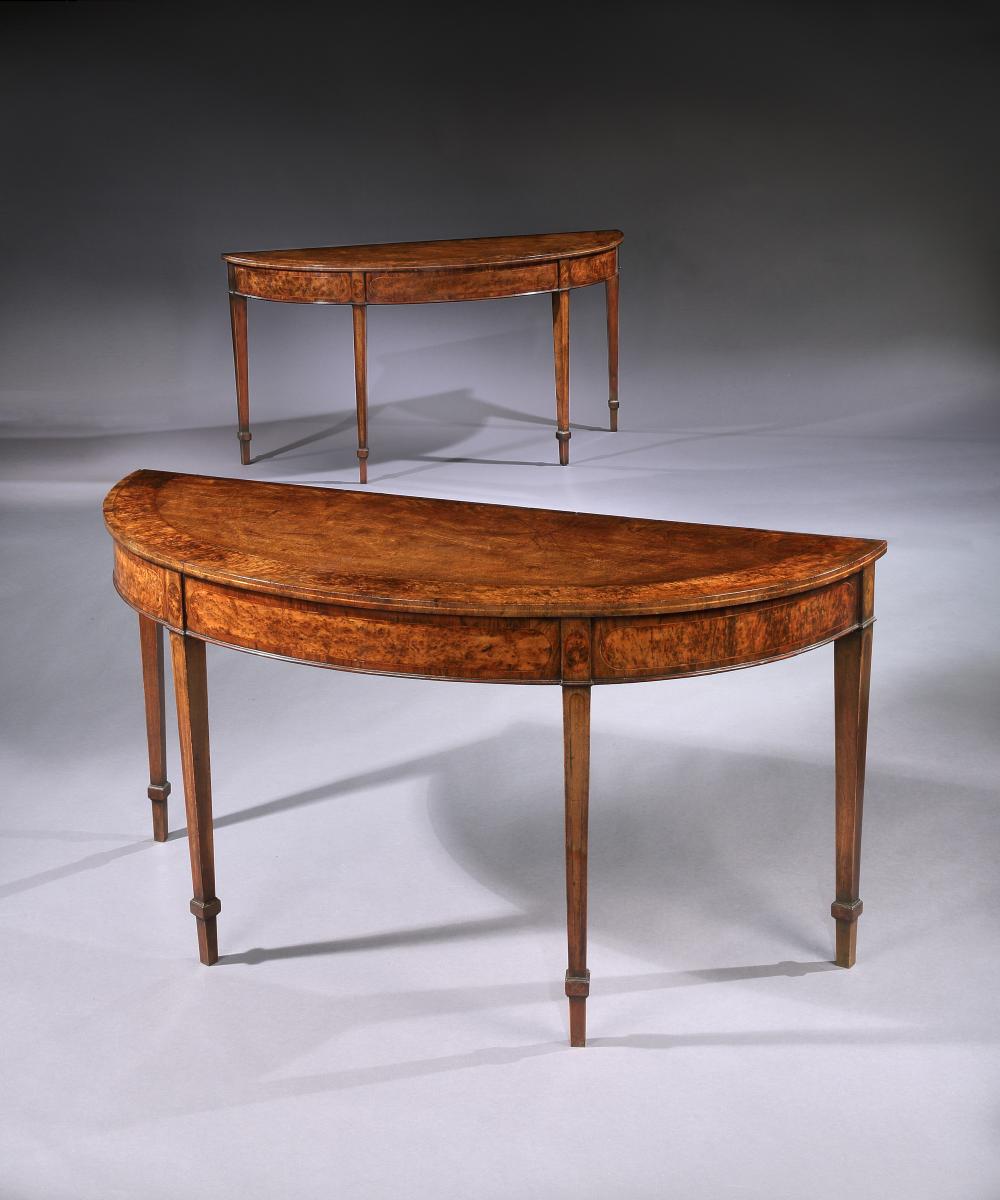 A Fine Pair of George III Period Mahogany and Burr Yew Wood Semi Elliptical Side Tables, English, circa 1790