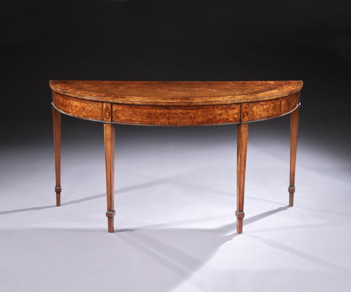 A Fine Pair of George III Period Mahogany and Burr Yew Wood Semi Elliptical Side Tables, English, circa 1790