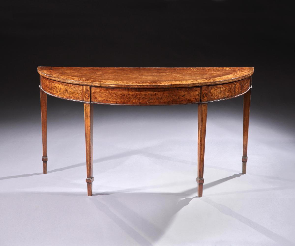A Fine Pair of George III Period Mahogany and Burr Yew Wood Semi Elliptical Side Tables, English, circa 1790