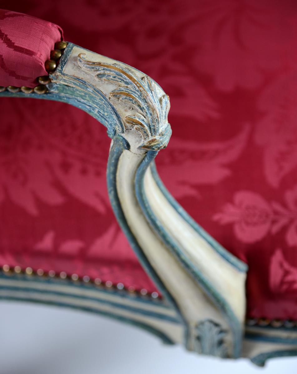 A Rare Pair of George III Blue and White Painted Armchairs, From Easton Neston House, Attributed to John Cobb, English, circa 1760