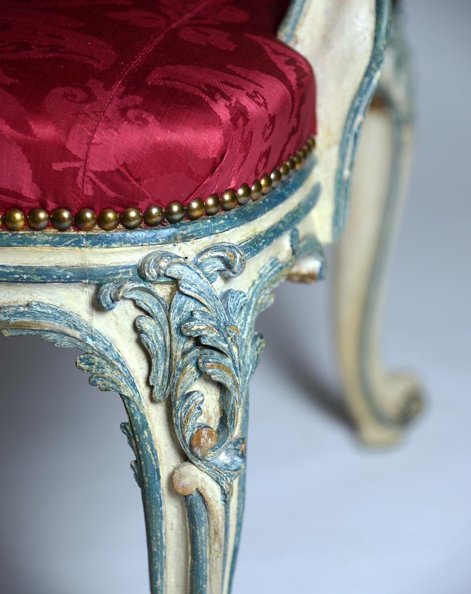 A Rare Pair of George III Blue and White Painted Armchairs, From Easton Neston House, Attributed to John Cobb, English, circa 1760