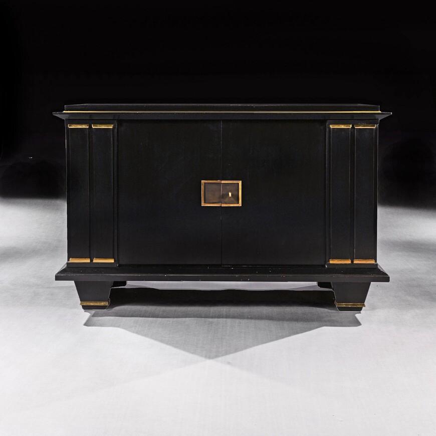 Jacques Adnet French Art Deco Modernist Ebonised Enfilade Sideboard With Gilt Bronze Mounts