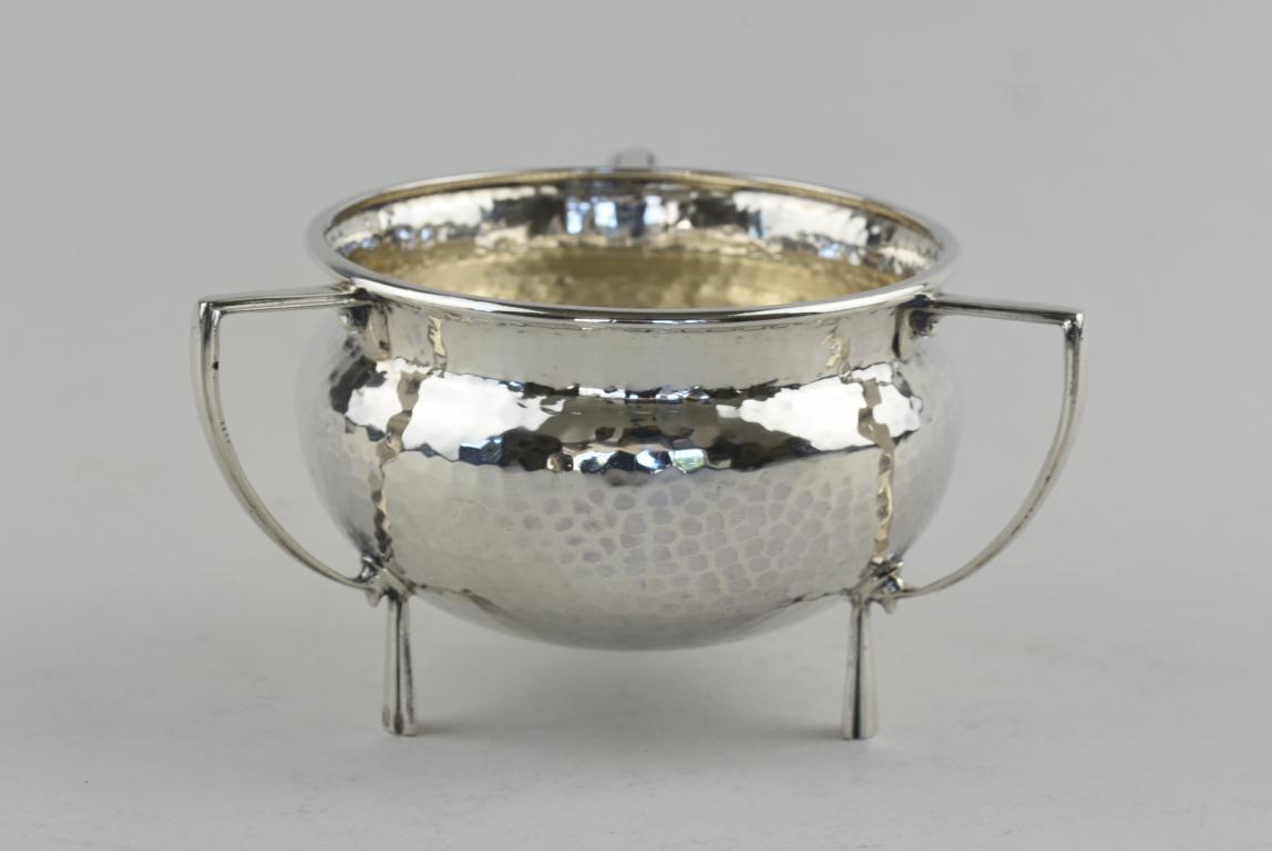Arts and Crafts hammered silver 3 handled bowl by Martin Hall and Co