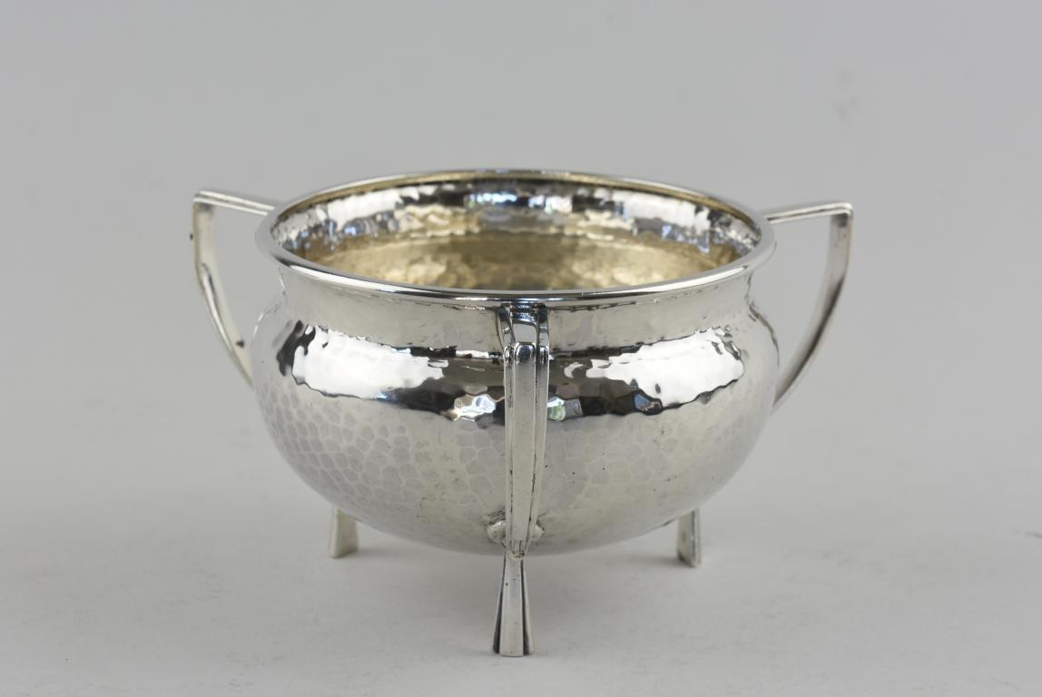 Arts and Crafts hammered silver 3 handled bowl by Martin Hall and Co