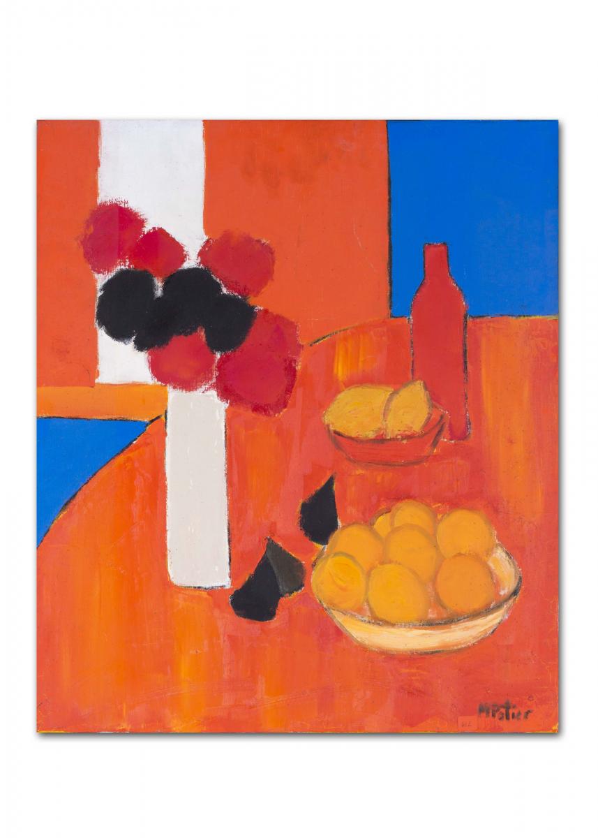 Maurice Potier (French, 1926 – 2002), Oranges, Figs, Lemons and a Vase of Flowers