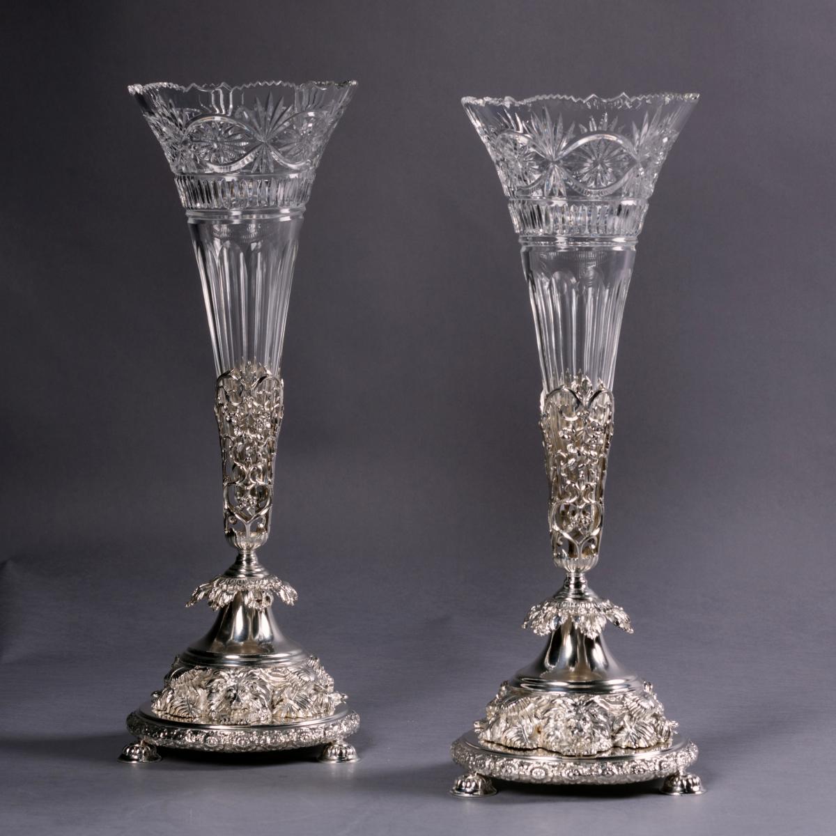  Pair of Victorian Silver-Plated Cut-Glass Vases, By Joseph Rodgers & Sons 