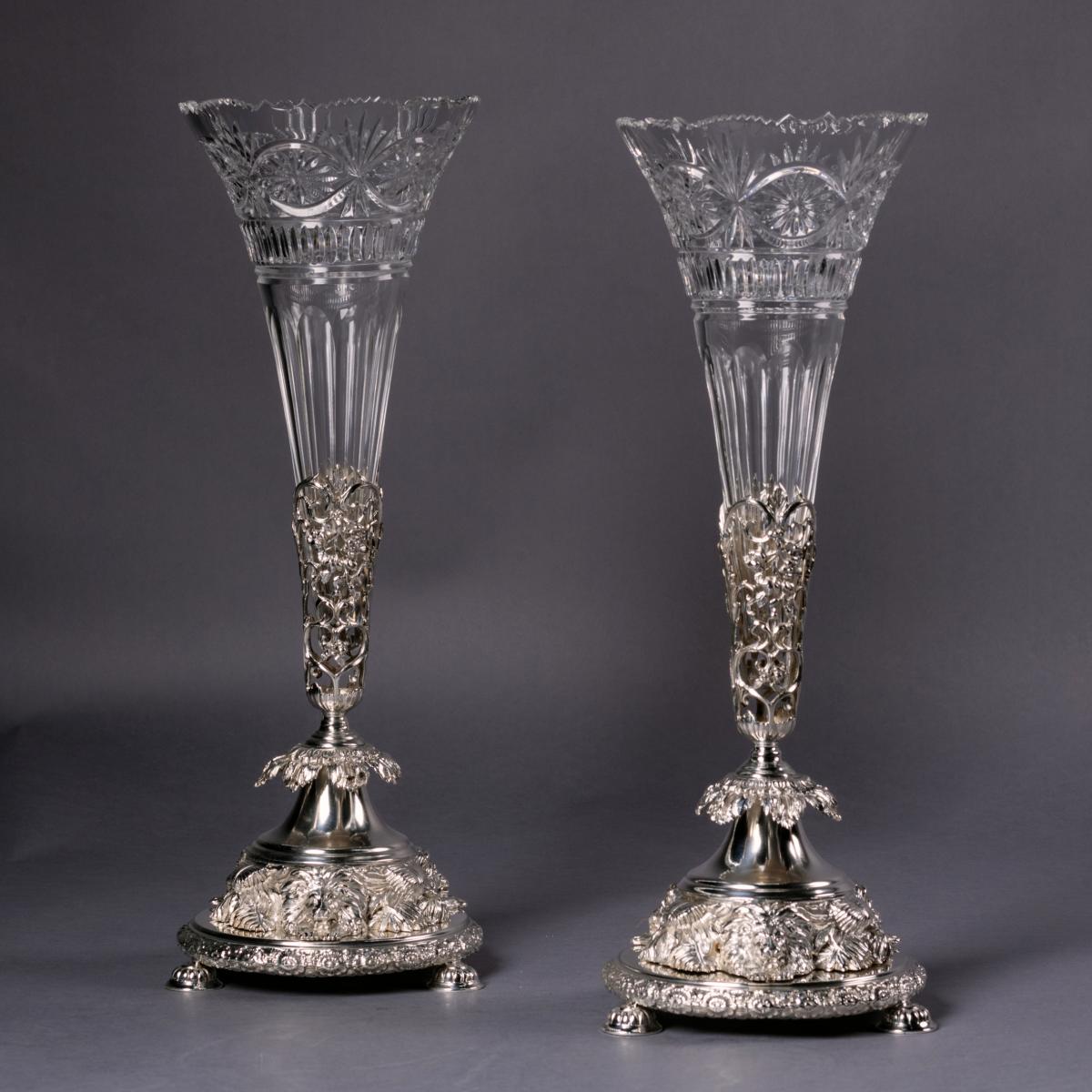  Pair of Victorian Silver-Plated Cut-Glass Vases, By Joseph Rodgers & Sons 