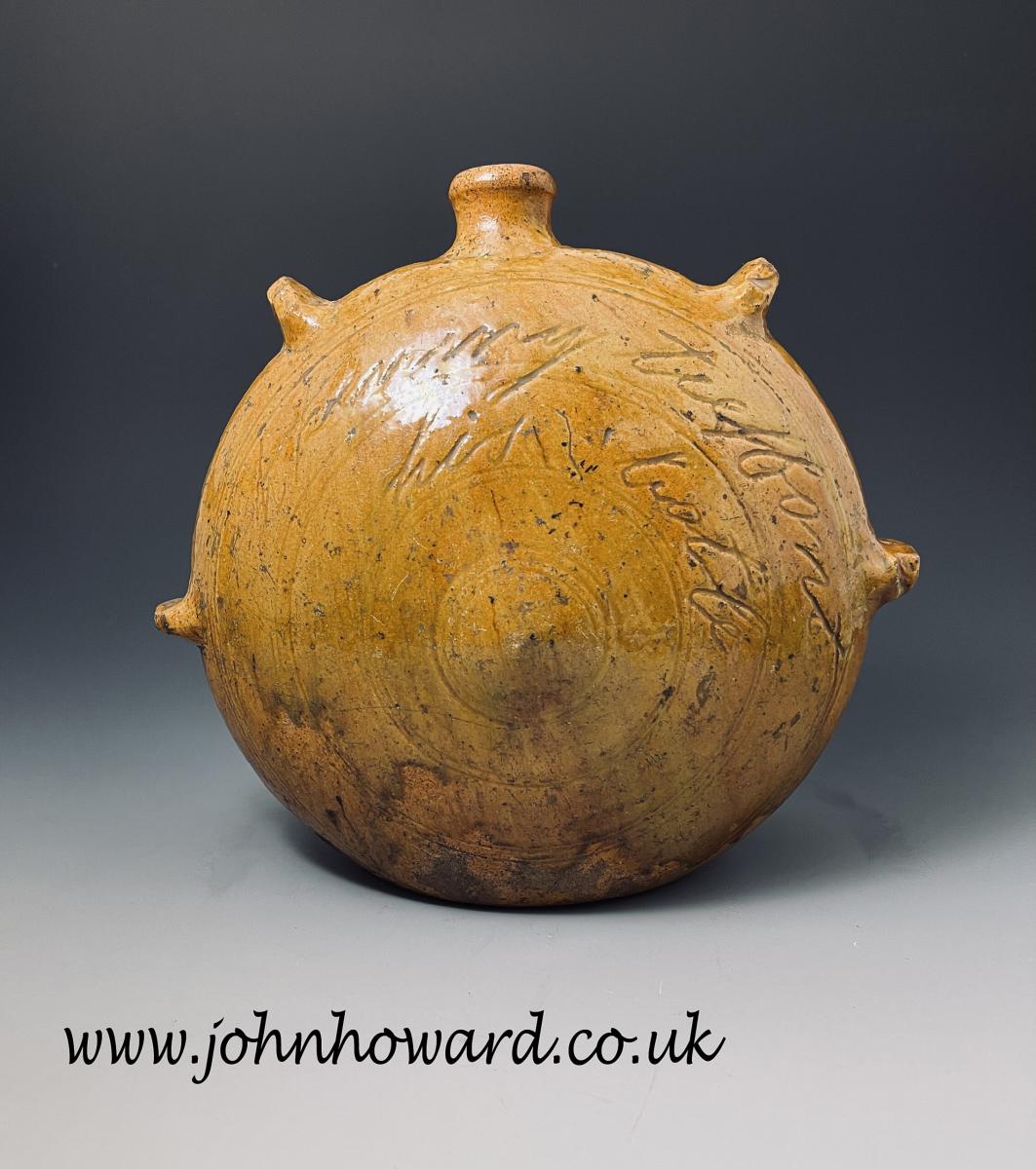 Verwood earthenware slipware costrel named and dated by the maker John Andrew 1871