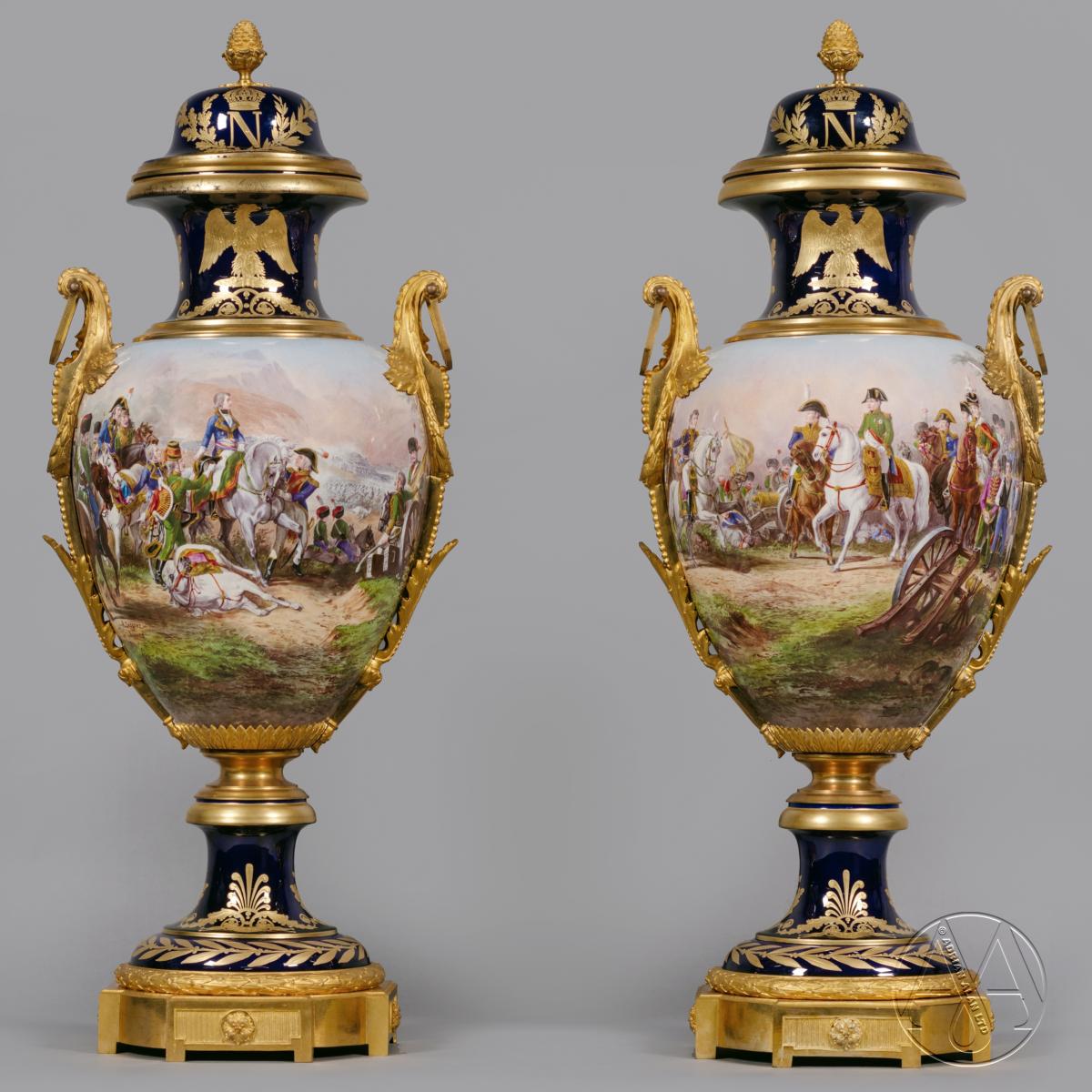 A Fine Pair of Sèvres-Style Napoleonic Gilt-Bronze Mounted Cobalt-Blue Ground Porcelain Vases