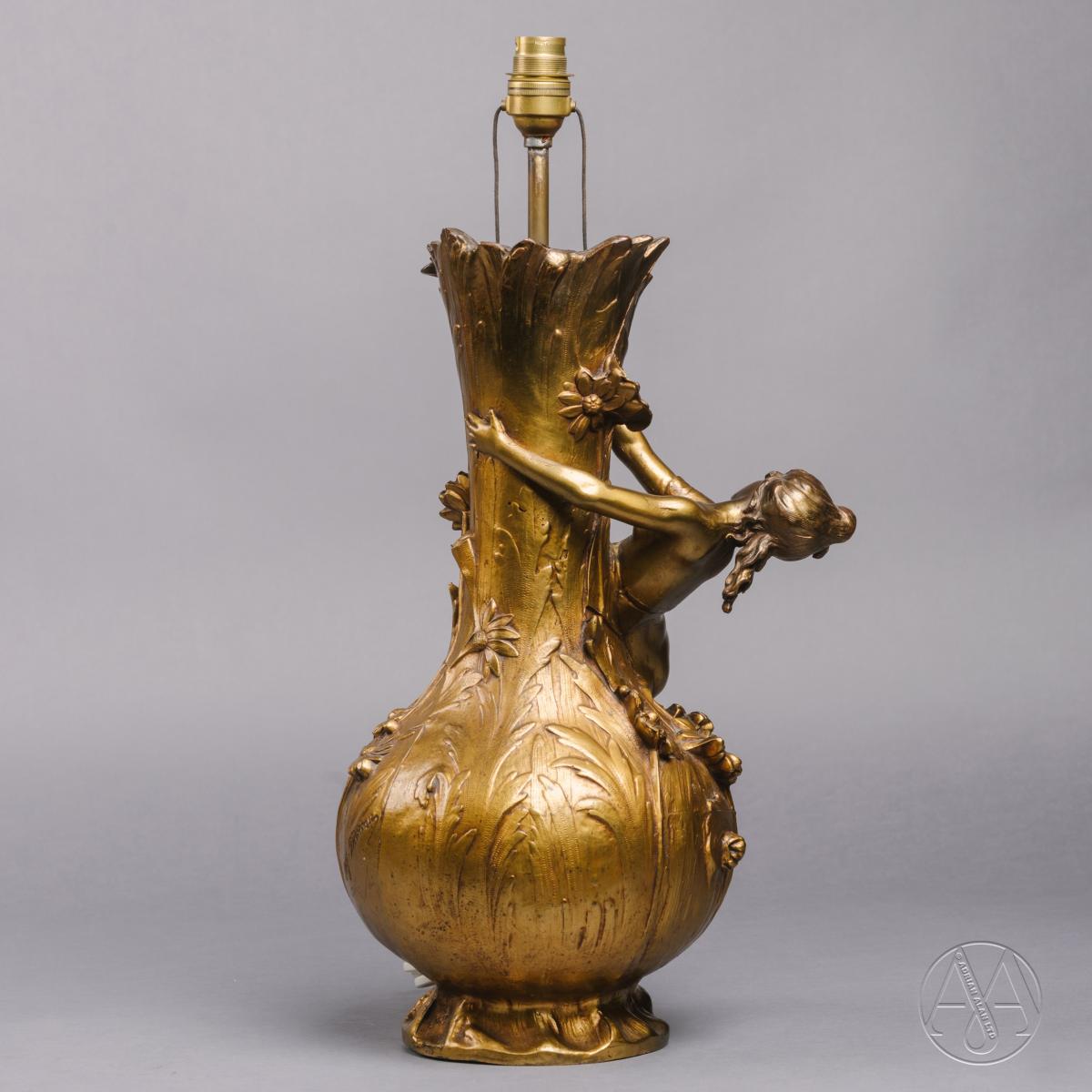 An Art Nouveau Gilt-Bronze Vase Depicting a Naiad, After Auguste Moreau, Now Mounted as a Lamp