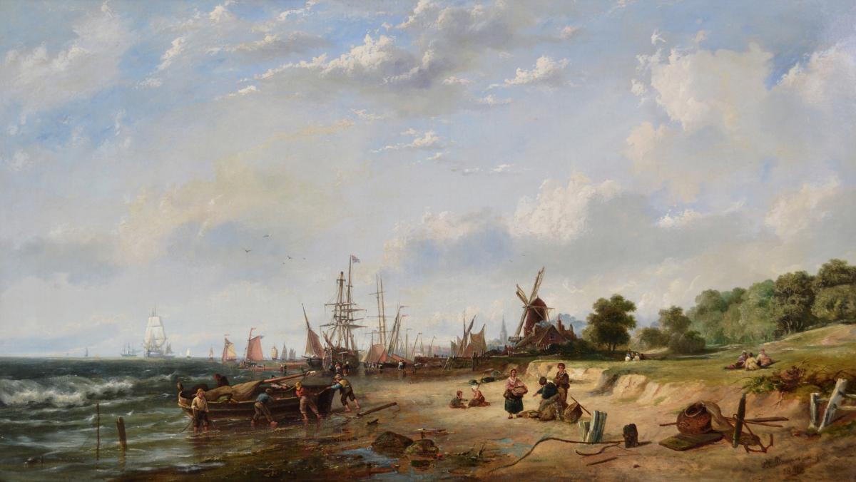 Seascape oil painting of fishing boats by a Dutch shore by Pieter Cornelis Dommersen