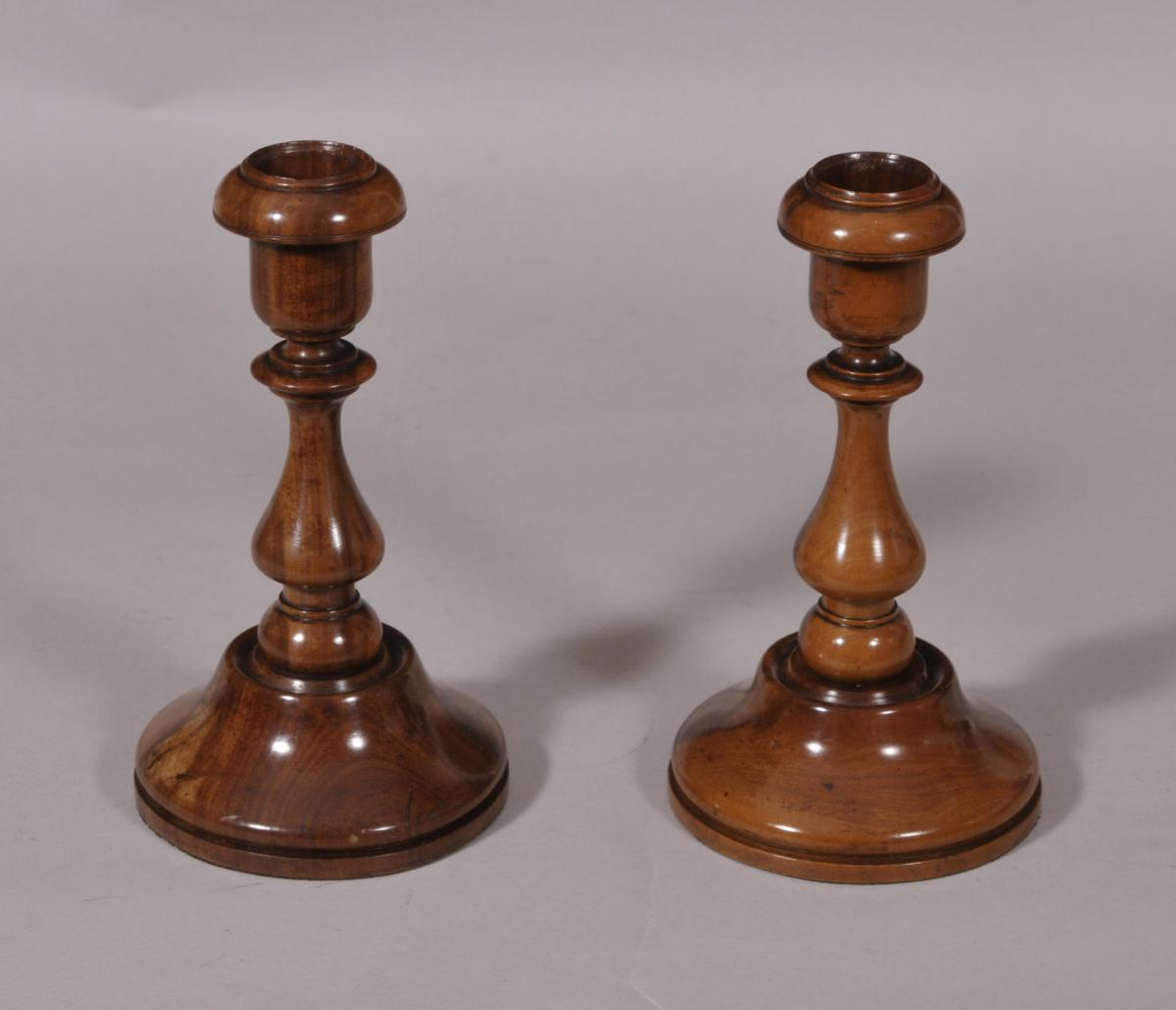 S/4604 Antique Treen Pair of 19th Century Yew Wood Candlesticks