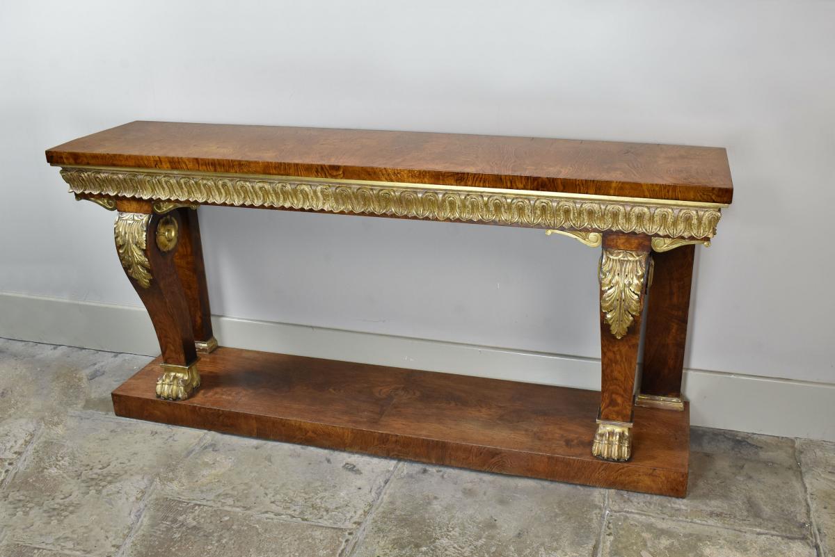 A large Regency oak and giltwood console table, c.1820